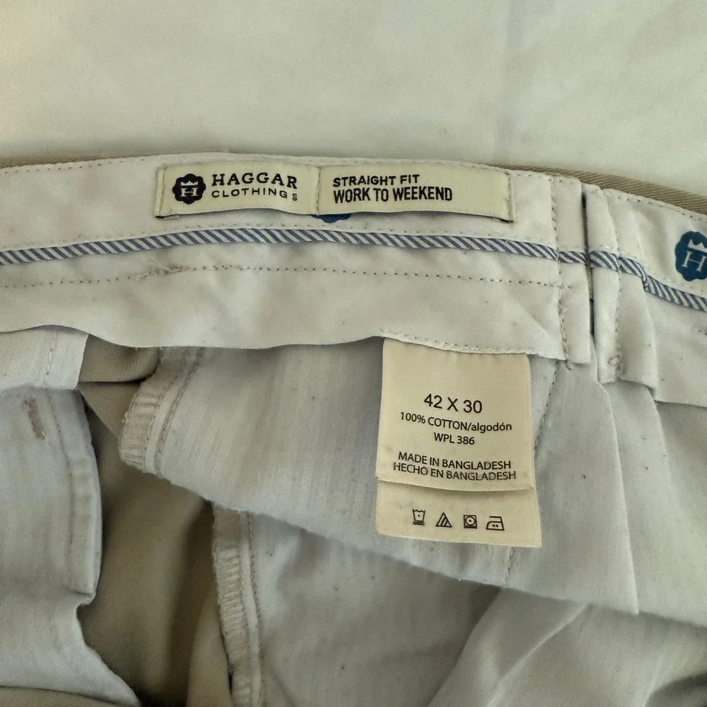 Haggar Mens Straight Fit Work to Weekend Khaki Cotton Pants Size 42x30